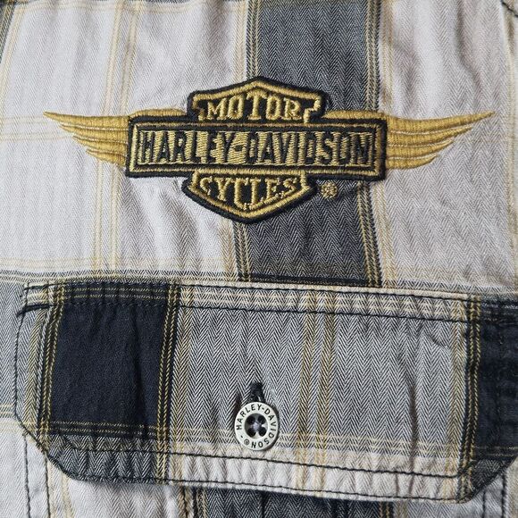 Genuine Harley Davidson Shirt Mens L Black White Plaid Spellout Logo Cotton - Picture 2 of 14